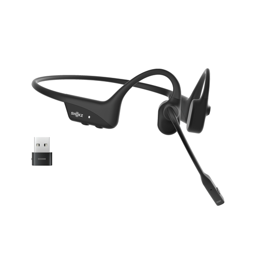 SHOKZ OpenComm2 UC Wireless Bluetooth Bone Conduction Videoconferencing Headset with USB-A adapter | 16 Hr Talk Time, 29m Wireless Range, 1 Hr Charge Time | Inc
