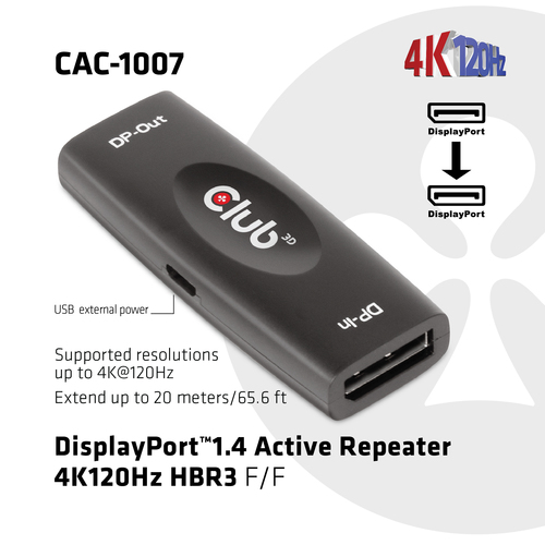 Club 3D DisplayPort 1.4 Active Repeater 4K120Hz HBR3 F/F kabel, afbeelding 2