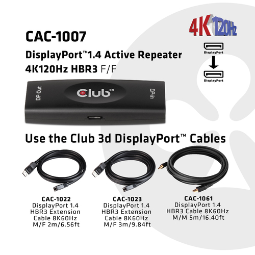 Club 3D DisplayPort 1.4 Active Repeater 4K120Hz HBR3 F/F kabel, afbeelding 3