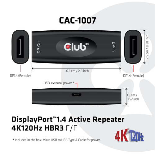 Club 3D DisplayPort 1.4 Active Repeater 4K120Hz HBR3 F/F kabel, afbeelding 5