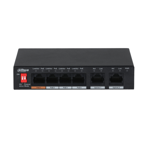 DH-PFS3006-4ET-60 DAHUA PFS3006-4ET-60 - Switch PoE de 6 Puertos Fast Ethernet/ 4 Puertos PoE/ 2 Puertos Uplink/ 60 Watts Totales/ Soporta PoE Watchdog/ Puerto 1 Soporta Hi-PoE 60 Watts/ Capacidad de Switching de 18 Gbps/ DH-PFS3006-4ET-60