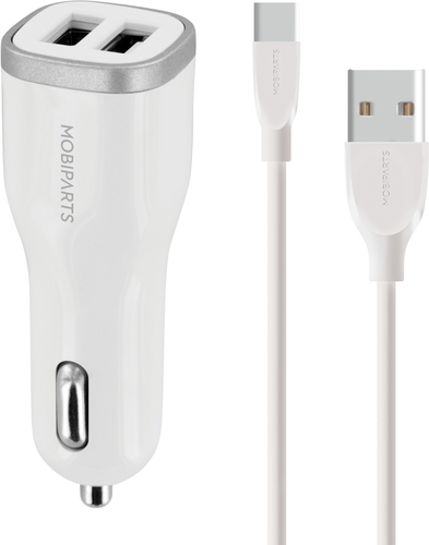 Mobiparts Car Charger Dual USB 2.4A + USB-C Cable White