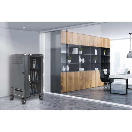 Manhattan Laadtrolley voor 30 laptops (tot 16"), laden via interne AC-adapters (EU) (installatie van voedingskabels van apparaten vereist), geschikt voor ALLE laptops, iPad, MacBook en Chromebook, vakken 380×30×280 mm, landkast, afsluitbaar