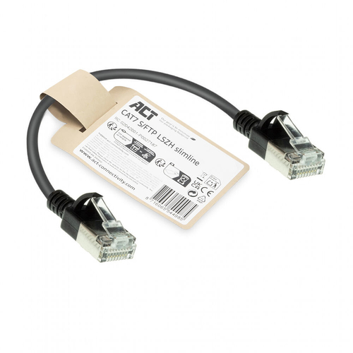 ACT Zwarte 0.15 meter LSZH S/FTP CAT7 slimline patchkabel snagless met RJ45 connectoren, afbeelding 2