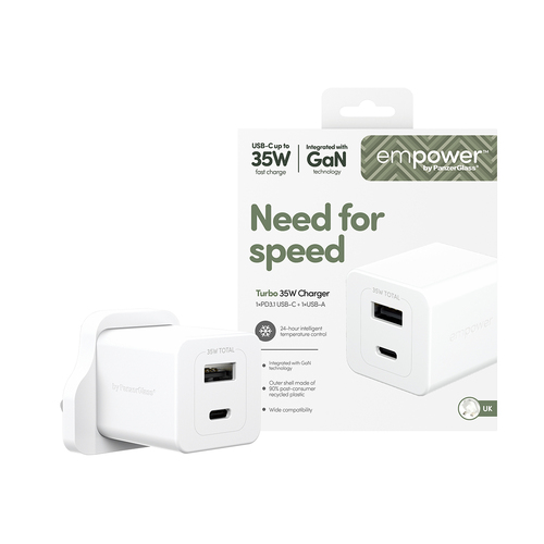 PanzerGlass empower™ by ® Turbo 35W Charger incl. USB-C + USB-A | UK Plug| Silver White Blanco