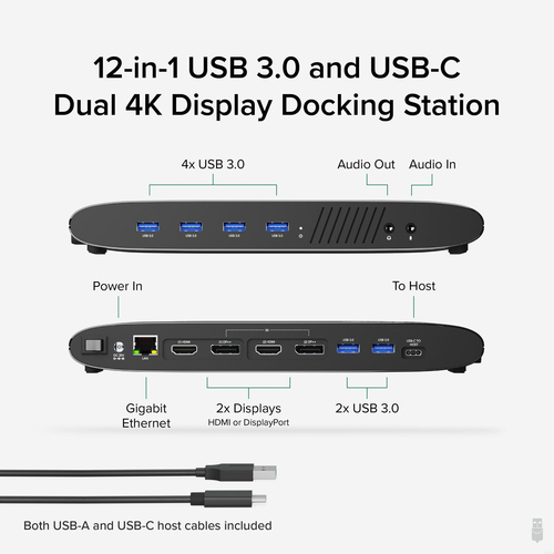 Plugable Technologies Universal Laptop Docking Station, 4K Dual Monitor, DisplayPort or HDMI, Windows Mac or ChromeOS Laptops, USB-C or USB 3.0, Adds 2 Displays – image 2