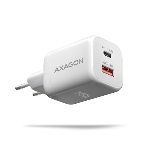 AXAGON ACU-PQ100W, GaN nabijecka do site 100W, USB-A + USB-C, PD3.0/PPS/QC4+/SFC2.0/Apple, bila