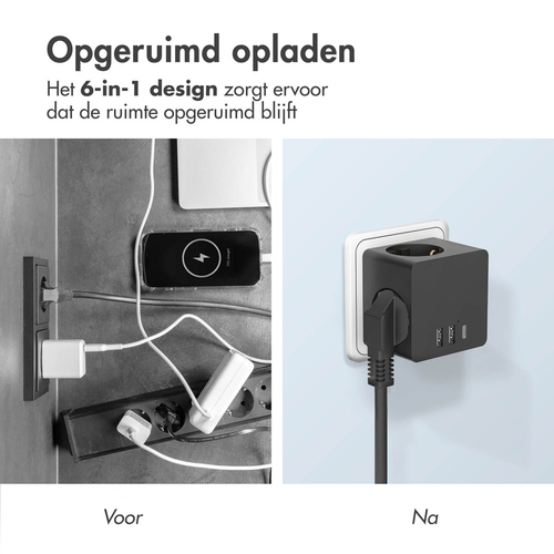 Accezz PowerCube 6-in-1 1x USB-C+2x USB-A+3x stopcontact 4000W Oplader Zwart, afbeelding 4