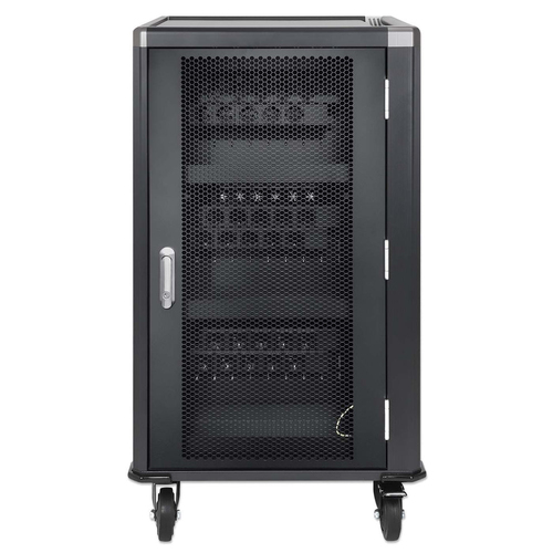 Manhattan Laadtrolley voor 30 laptops (tot 16"), laden via interne AC-adapters (EU) (installatie van voedingskabels van apparaten vereist), geschikt voor ALLE laptops, iPad, MacBook en Chromebook, vakken 380×30×280 mm, landkast, afsluitbaar