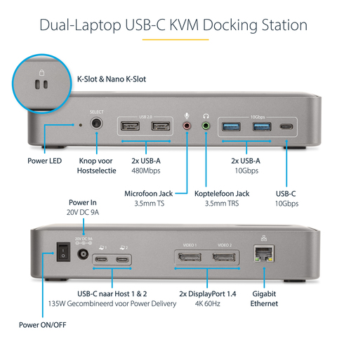 StarTech.com Dual-Laptop USB-C KVM Docking Station, Dual Monitor 4K 60Hz DisplayPort Dock, 5-Port USB Hub, GbE, 90W45W Power Delivery to Two Laptops,, afbeelding 8