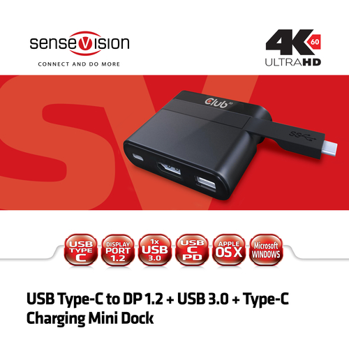 CLUB3D Mini Dock USB Type-C to Displayport1.2 + USB3.0 + USB Type C Charging – image 2