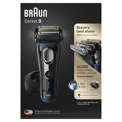 Braun Series 9 Electric Shaver for Men 9242s, Charging Stand and Travel Case - Black/Eloxal Blue