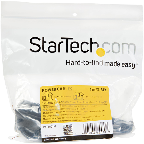 StarTech.com Cable de 1m de Extensión de Alimentación, C14 a C13, 10A 125V, 18AWG, Alargador de Cable de Corriente de Ordenador, IEC-320-C14 a IEC-320-C13, para Fuente de Alimentación, UL