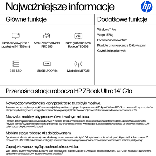 HP Inc. Stacja robocza ZBook Ultra G1A RAI PRO 395 2TB/128GB/W11P/14 cali A3ZS0ET
