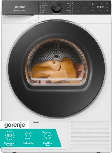 Gorenje G600 Värmepumpstorktumlare (9 kg) med NatureDry för skonsam torkning, SensorDry för exakt stopp och TwinAir för jämna resultat. Bevarar klädernas kvalit