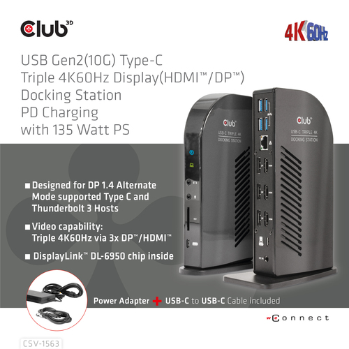CLUB3D USB Gen2(10G) Type-C Triple 4K60Hz Display(HDMI/DP) Docking Station PD Charging with 135 Watt PS – image 9