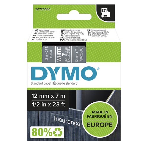 Dymo 45020 D1 LabelManager Tape 12mm x 7m White on Clear S0720600 - image 1