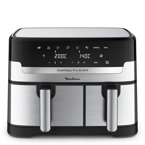 Moulinex Dual Easy Fry EZ905D20 обжарочный аппарат Двойной 8,3 L Автономный 2450 W Аэрофритюрница с горячим воздухом Черный, Нержавеющая сталь