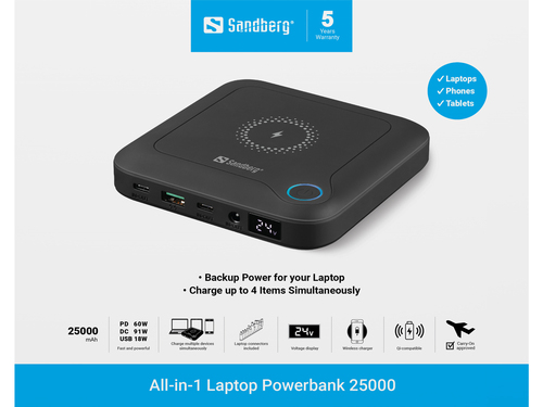 Sandberg 421-46 powerbank Lithium-Ion (Li-Ion) 25000 mAh Draadloos opladen Zwart, afbeelding 9