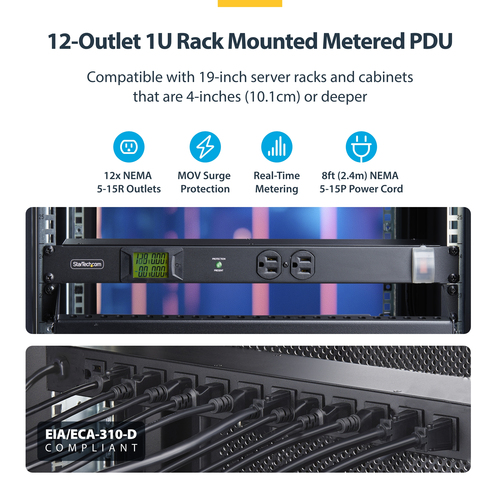 StarTech.com 12-Outlet Horizontal Rack Mount Metered PDU, 1U Server Power Strip w/Surge Protector – image 7