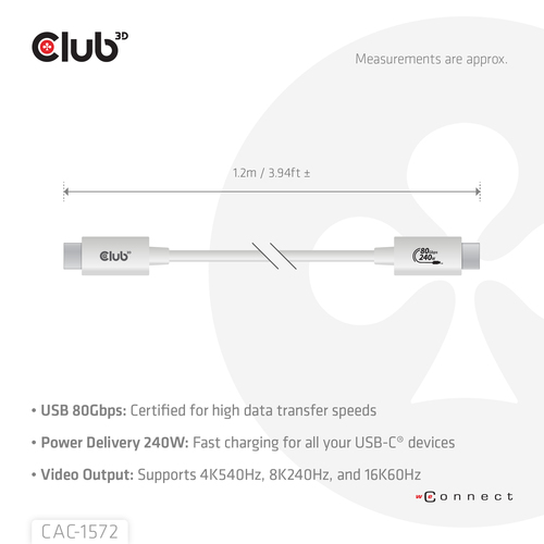 Club 3D USB-C 80Gbps Certified 240W 8k 240Hz kabel, afbeelding 4