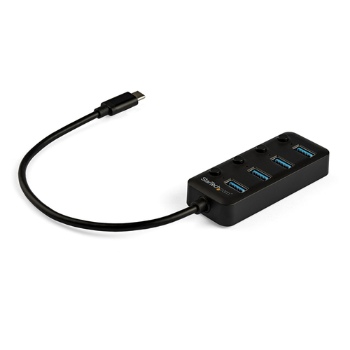 StarTech.com 4 Port USB C Hub, USB-C to 4x USB 3.0 Type-A Ports with Individual On/Off Port Switches, SuperSpeed 5Gbps USB 3.1/3.2 Gen 1, USB Bus Powered, Portable, 10 Attached Cable - Windows/macOS/Linux (HB30C4AIB) Sort