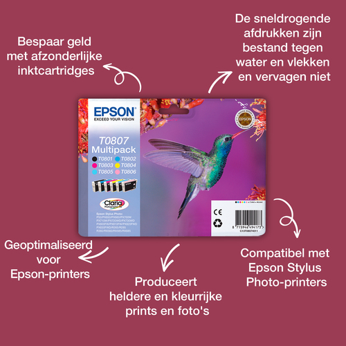 Epson Hummingbird Singlepack Cyan T0802 Claria Photographic Ink, Cyaan, 7,4 ml, 1 stuk(s), afbeelding 2