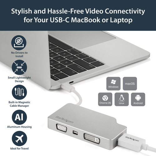 StarTech.com USB C Multiport Video Adapter with HDMI, VGA, Mini DisplayPort or DVI - USB Type C Monitor Adapter to HDMI 1.4 or mDP 1.2 (4K) - VGA or DVI (1080p) – image 9