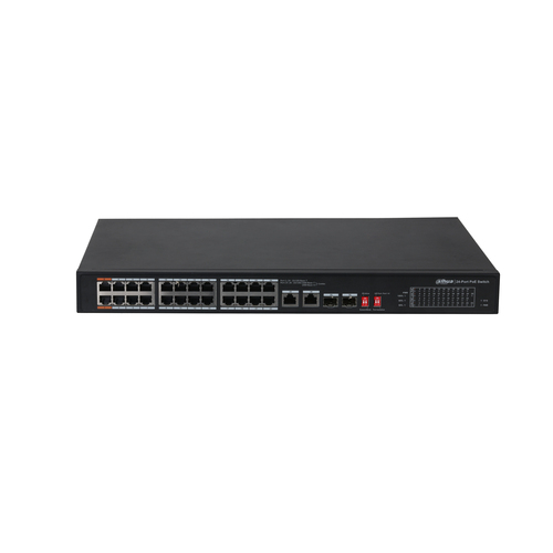 DH-PFS3226-24ET-240 DAHUA SWITCH POE ETHERNET DE 26 PUERTOS/ 24 PUERTOS POE 10/100/ 240 WATTS TOTALES/ PUERTO 1 Y 2 SOPORTAN 60 WATTS HI-POE/ 2 PUERTOS SFP/ POE WATCHDOG/ SWITCHING 88 GBPS/ TASA DE REENVIO DE PAQUETES DH-PFS3226-24ET-240