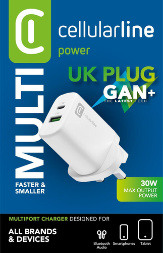 Cellularline ACHUSBGAN2PD30WUKW mobile device charger Laptop, Universal White AC Fast charging Indoor