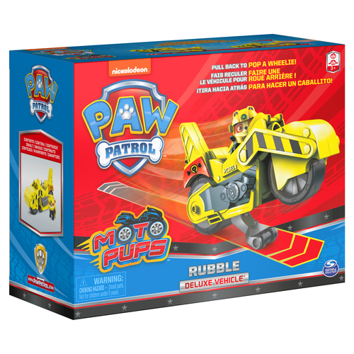 Paw Patrol, Moto Pups Rubble's Deluxe Pull Back Motorcycle Vehicle with  Wheelie Feature and Toy Figure