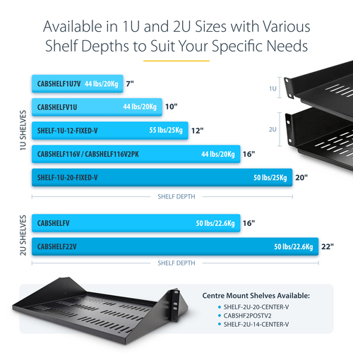StarTech.com 2U Server Rack Shelf - Universal Vented Cantilever Tray for 19 Network Equipment Rack & Cabinet - Heavy Duty Steel - 50lb - 16 Deep (CABSHELFV) Rackhylde Sort – billede 7
