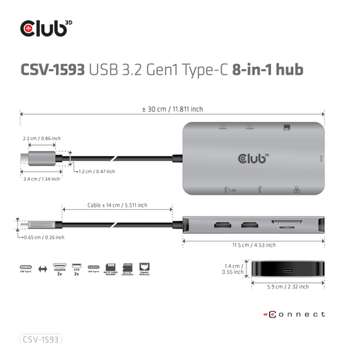 Club 3D USB 3.2 Gen1 Type-C 8-in-1 dockingstation, afbeelding 6