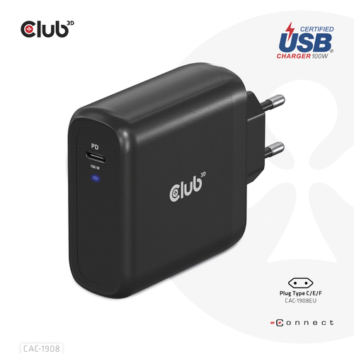 CLUB3D Travel Charger 100 Watt GAN technology, USB-IF TID certified, Single port USB Type-C, Power Delivery(PD) 3.0 Support – image 9