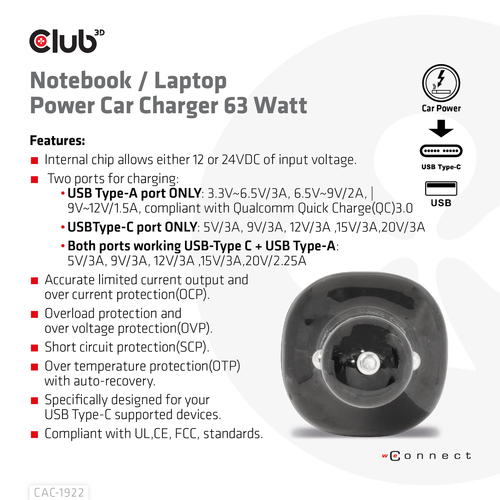 Club 3D Notebook / Laptop autolader 63 Watt oplader, afbeelding 7
