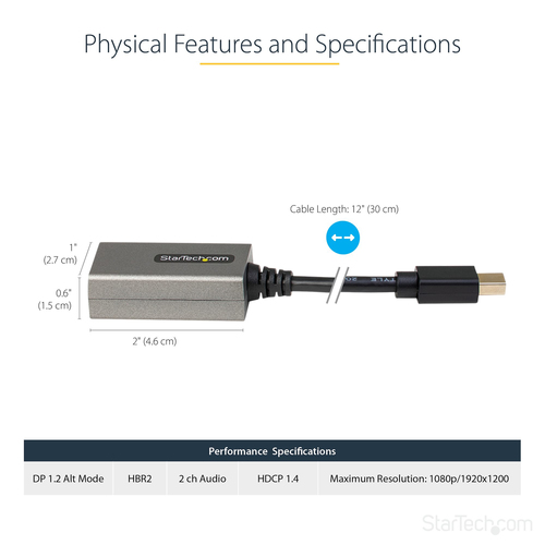 StarTech.com Mini DisplayPort to HDMI Adapter, mDP to HDMI Adapter Dongle, 1080p, Mini DisplayPort 1.2 to HDMI Monitor/Display, Mini DP to HDMI Video Converter, 12 Long Attached Cable - Thunderbolt 1/2 Compatible (MDP2HDEC) Videoadapter 30cm Sort Grå – billede 4