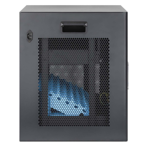 Manhattan Laadkast voor 10 laptops (tot 16"), laden via interne AC-adapters (EU) (installatie van voedingskabels van apparaten vereist), geschikt voor ALLE laptops, iPad, MacBook en Chromebook, vakken 380×30×280 mm, laadtrolley, afsluitbaar