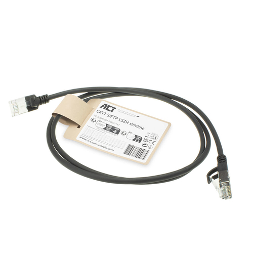 ACT Zwarte 0.5 meter LSZH S/FTP CAT7 slimline patchkabel snagless met RJ45 connectoren, afbeelding 2