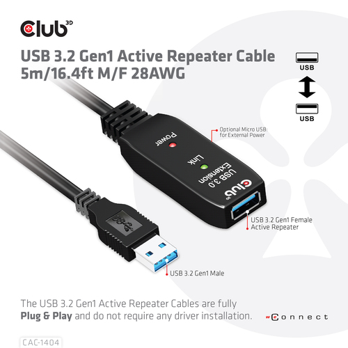 Club 3D USB 3.2 Gen1 Active Repeater verlengkabel, afbeelding 3