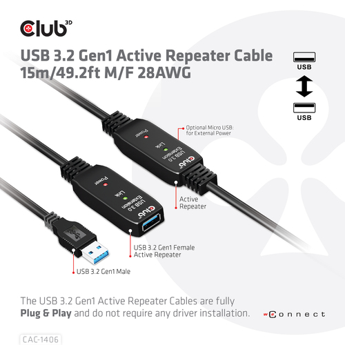 Club 3D USB 3.2 Gen 1 Active Repeater verlengkabel, afbeelding 4