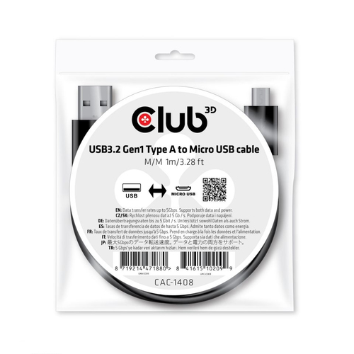 CLUB3D CAC-1408 USB-kabel 1 m USB 3.2 Gen 1 (3.1 Gen 1) USB A Micro-USB B Zwart, afbeelding 2
