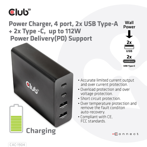 CLUB3D Power Charger, 4 ports, 2x USB Type-A 2x Type -C up to – image 2