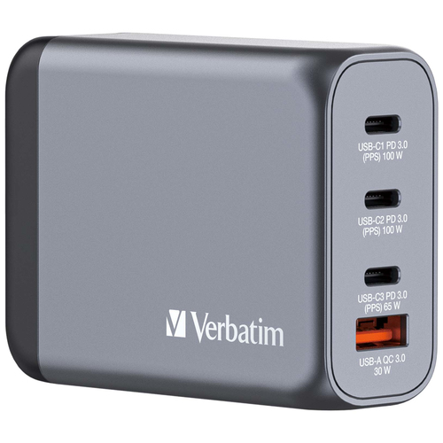 Cargador de pared Verbatim GaN de 100W combina dos puertos USB-C PD 100 W un puerto USB-C PD 65 W y un puerto USB-A QC 30  32202 - 32202