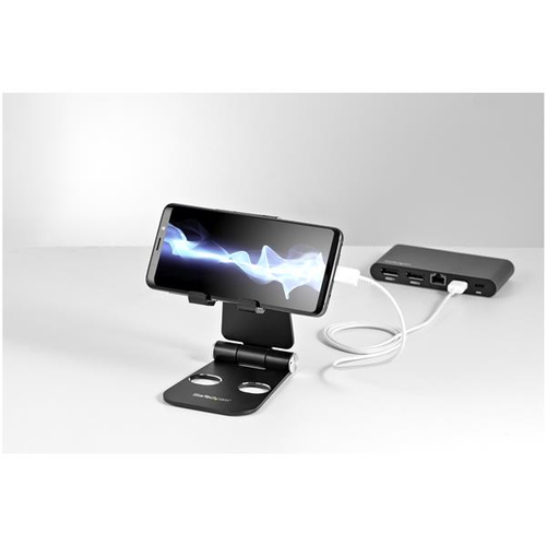 Startech Phone and Tablet Stand, Foldable Universal Mobile Device Holder for Smartphones & Tablets, Adjustable Multi-Angle Viewing Ergonomic Cell Phone Stand for Desk, Portable, Black - Foldable Phone Holder (USPTLSTNDB) Skrivebordsstander Sort P/N DK30C – billede 5