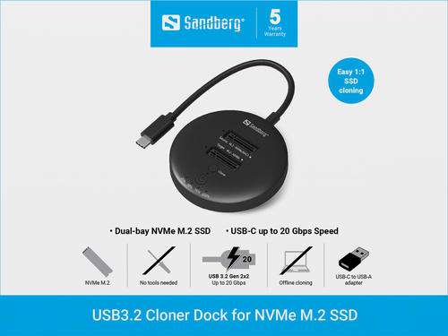 Sandberg 136-72 basisstation voor opslagstations USB 3.2 Gen 2 (3.1 Gen 1) Type-C Zwart, afbeelding 3