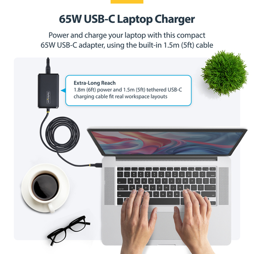 StarTech.com 65W USB-C Laptop Charger, 1.5m Tethered USB-C Cable, Power Adapter Brick for Dell, XPS, HP ProBook, MacBook Pro, Microsoft Surface Pro – image 9