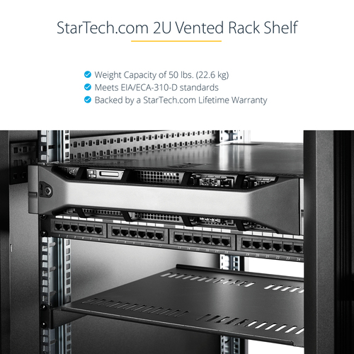 StarTech.com 2U Server Rack Shelf - Universal Vented Cantilever Tray for 19 Network Equipment Rack & Cabinet - Heavy Duty Steel - 50lb - 16 Deep (CABSHELFV) Rackhylde Sort – billede 8