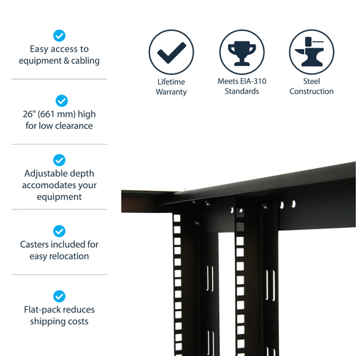 StarTech.com 12U 4 Post Server Equipment Open Frame Rack Cabinet w/ Adjustable Posts & Casters – image 6