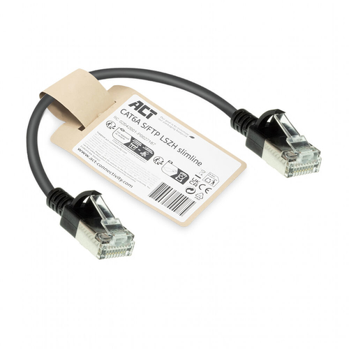 ACT Zwarte 0.15 meter LSZH S/FTP CAT6A slimline patchkabel snagless met RJ45 connectoren, afbeelding 2