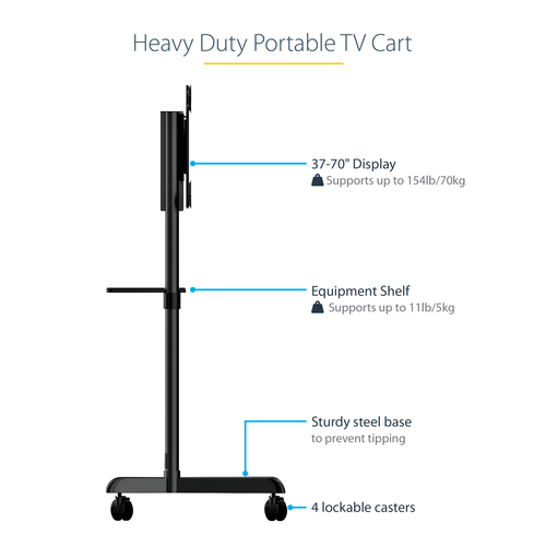 StarTech.com Mobile TV Cart - Portable Rolling TV Stand for 37-70" VESA Display (154lb/70kg) - TV Stand w/Shelf & Storage Compartment - Rotate/Tilt Display - Un – image 8